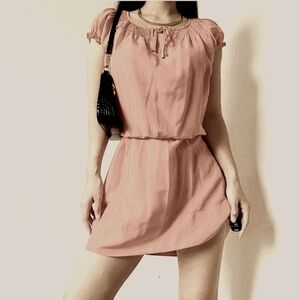 TALBOTS TAUPE SILK SHORT SLEEVE SMOCK BLOUSON DRESS